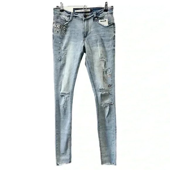 Brave Soul Skinny Jeans Beaded Distressed Denim Stretch Light Blue Size 27 4 NWT - Picture 2 of 16